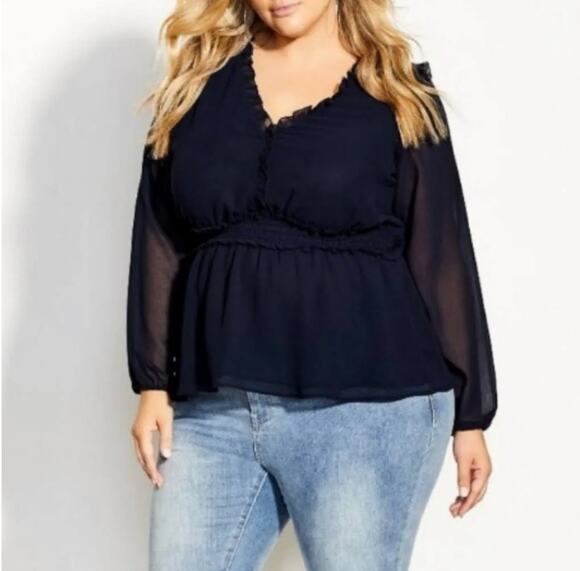City Chic Tops - City Chic Blue Peplum Flowy Sheer Long Sleeve V Neck Blouse Top Womens Sz XXL 24